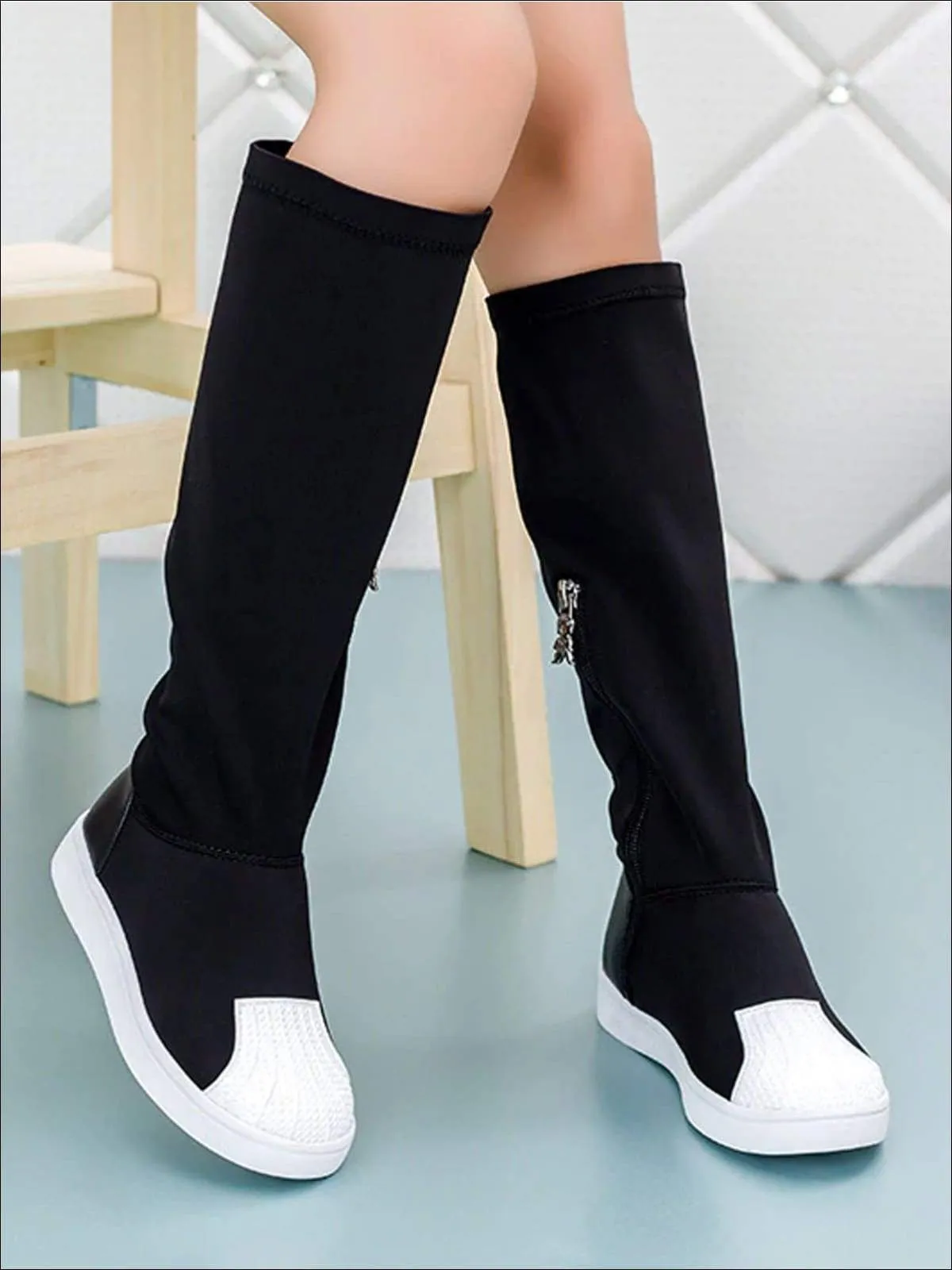 Girls Black & White Elastic Knee-High Boots By Liv and Mia