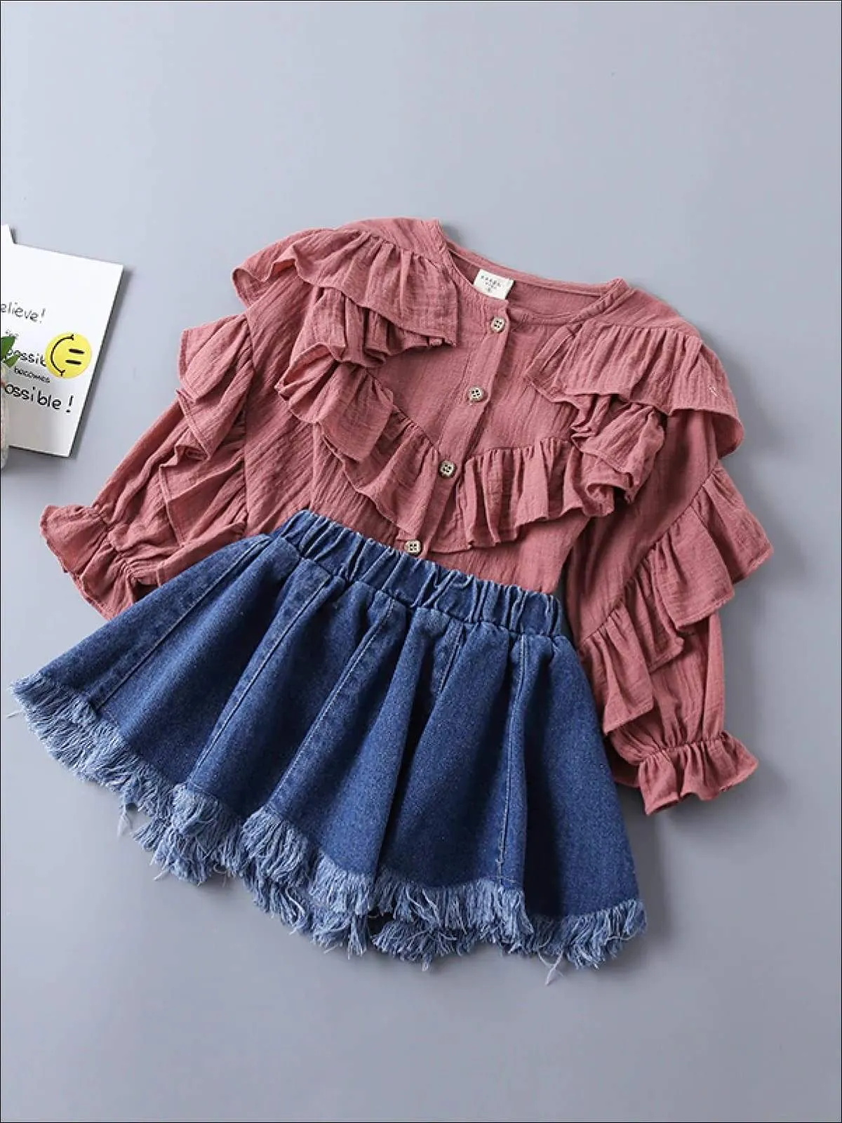 Girls Boho Ruffled Top and Denim Frayed Skirt Set