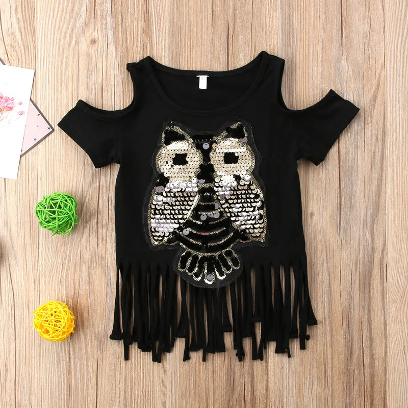 Girls Sequins Owl Tassel T-Shirt - ONLY 3 LEFT !!!