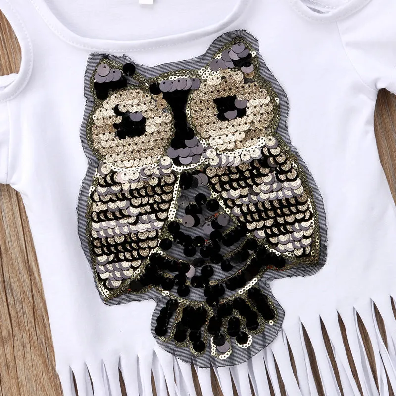 Girls Sequins Owl Tassel T-Shirt - ONLY 3 LEFT !!!