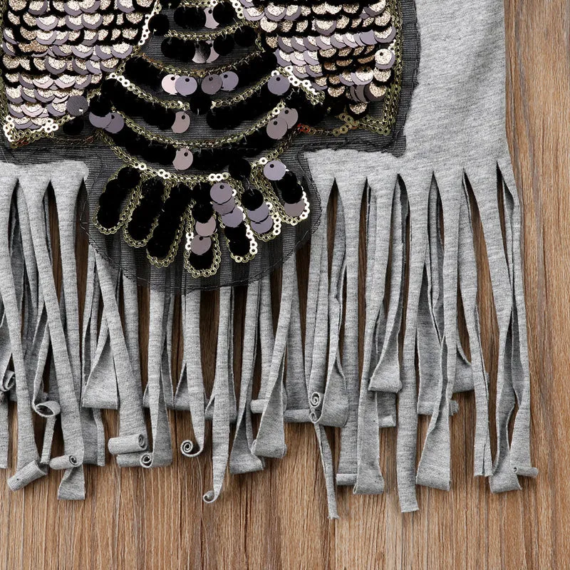 Girls Sequins Owl Tassel T-Shirt - ONLY 3 LEFT !!!