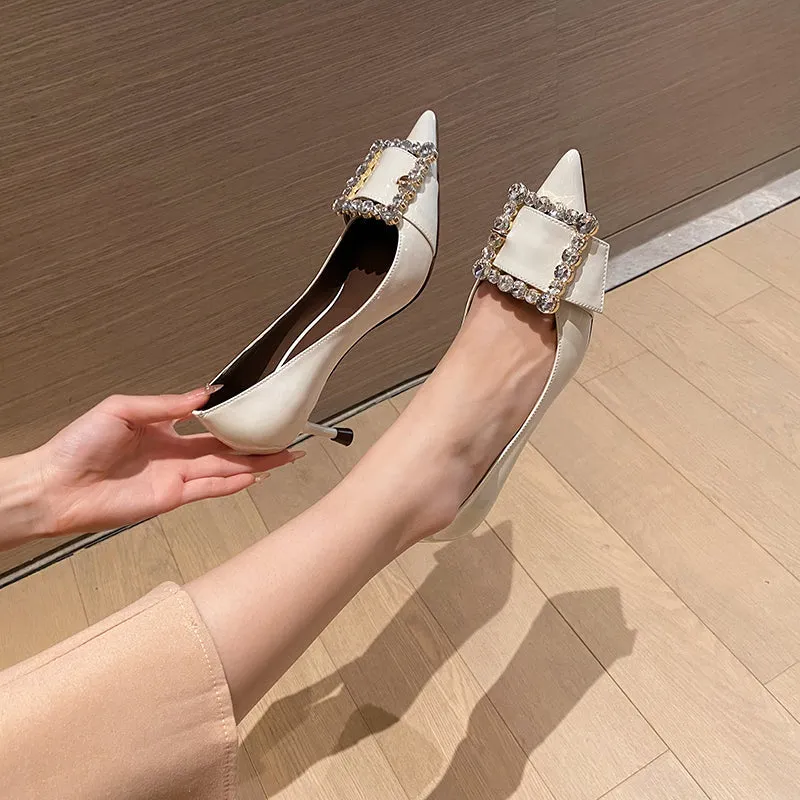 Gitty Pointed Toe White Rhinestone Heels