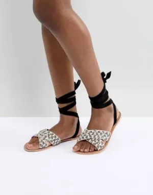 Glamorous Woven Raffia Ankle Tie Flat Sandal