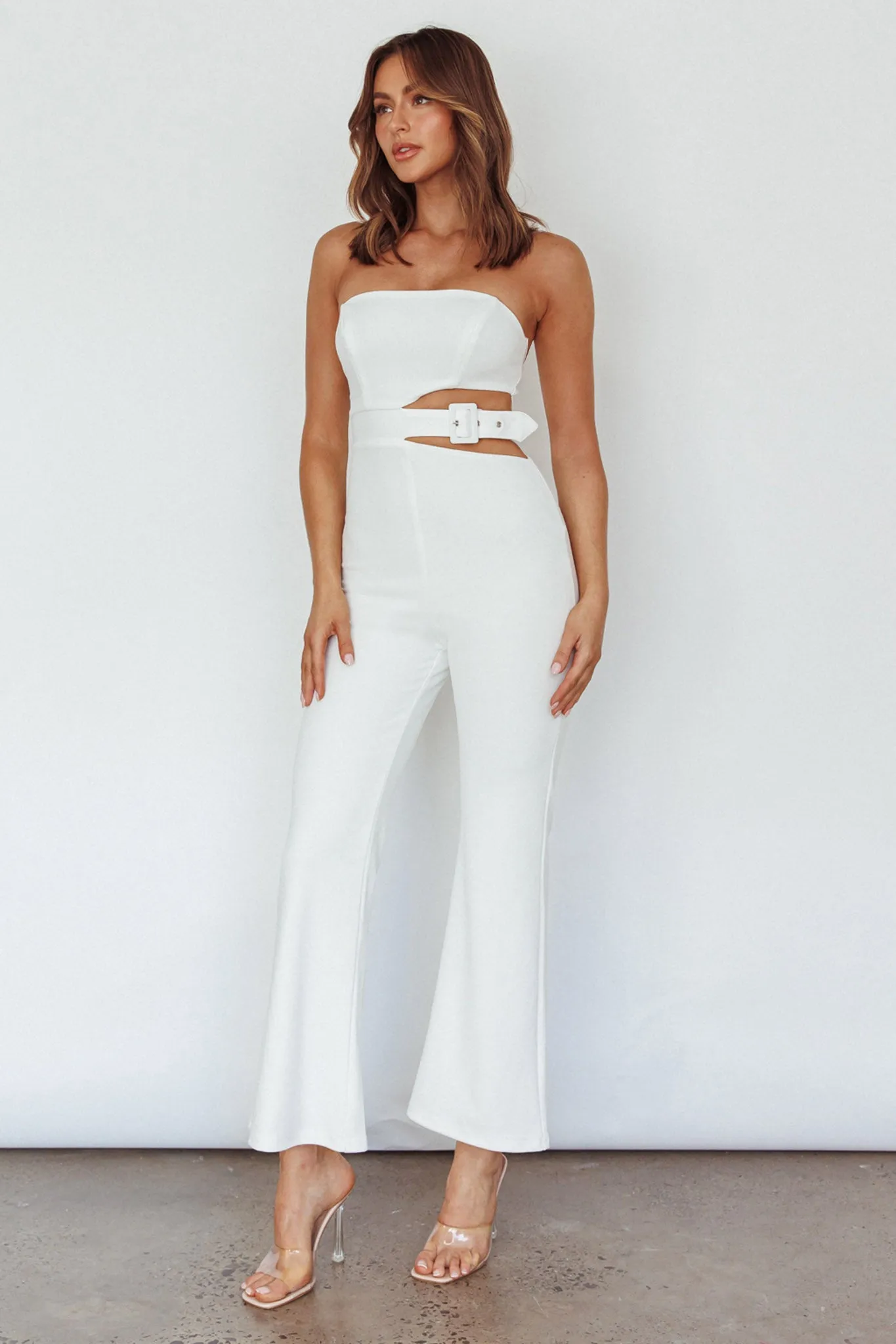 Glisten Cut-Out Buckle Waist Jumpsuit White