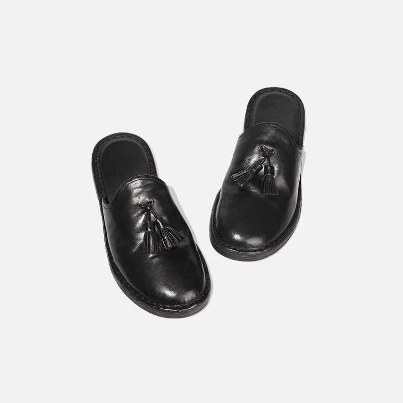 Goodyear Tassel Detail Horse Leather Loafer Mules Backless Loafers in Black/Gray