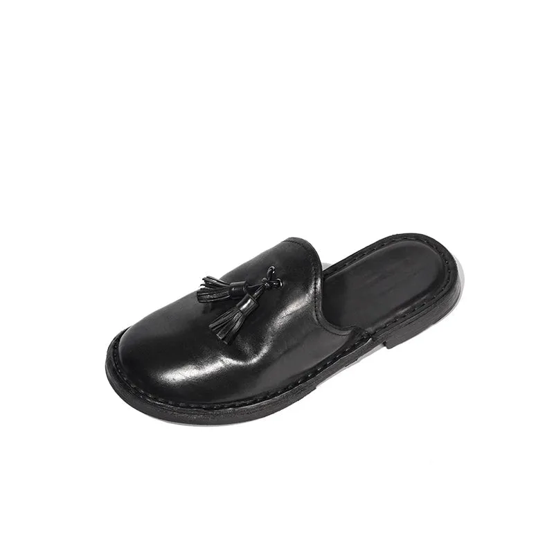 Goodyear Tassel Detail Horse Leather Loafer Mules Backless Loafers in Black/Gray