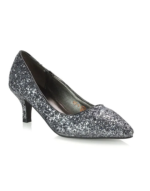 Gwyneth Pointed Toe Stiletto Low Kitten Court Heel Pumps in Black Glitter