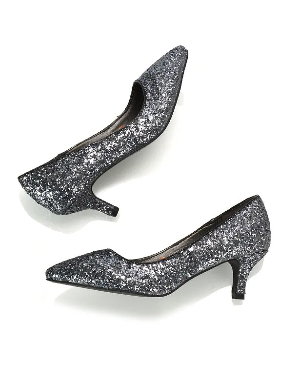 Gwyneth Pointed Toe Stiletto Low Kitten Court Heel Pumps in Black Glitter