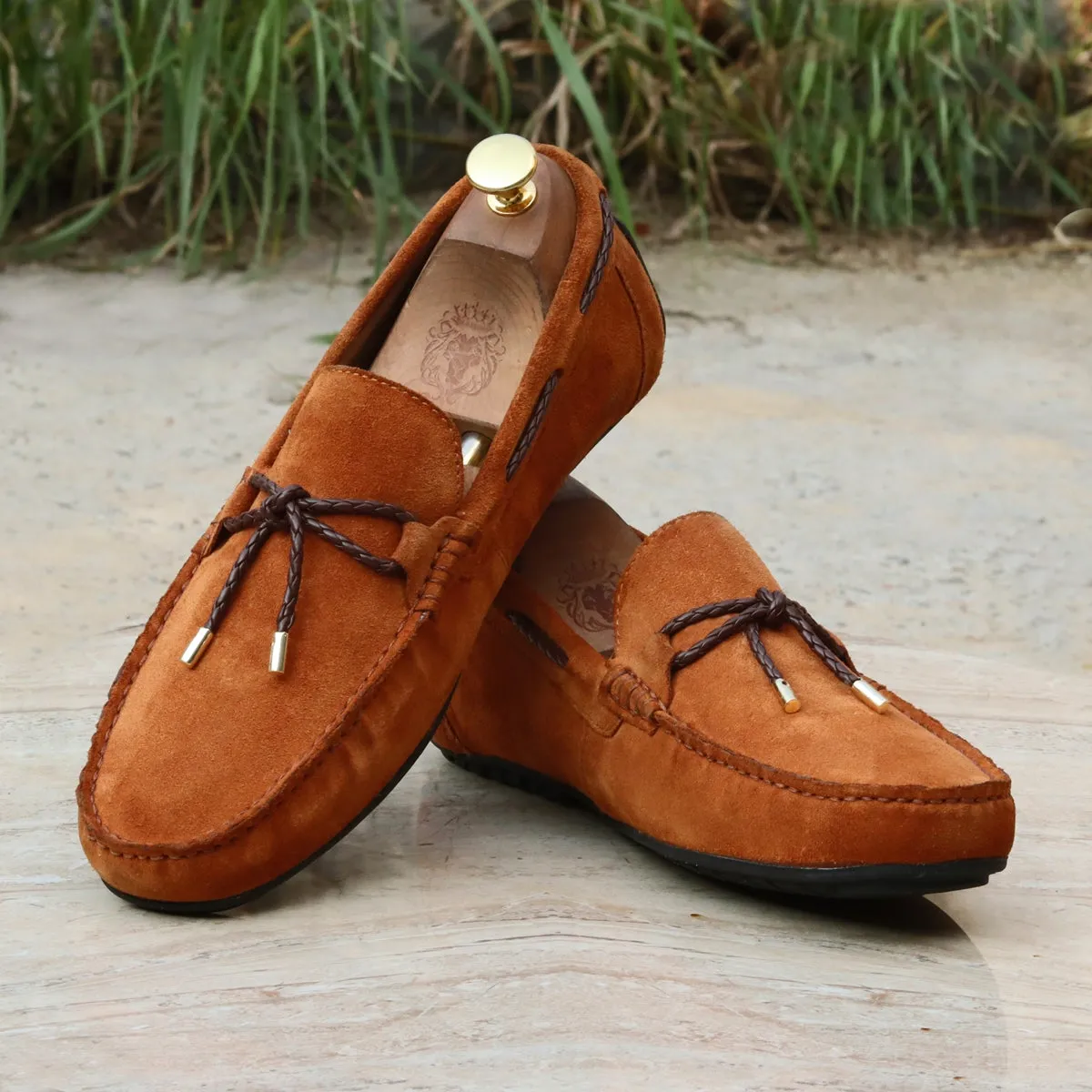 Hand Weaved Tassel Bow Loafers with Mini Lion Orangish Suede Leather