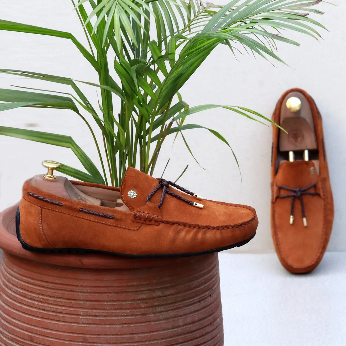 Hand Weaved Tassel Bow Loafers with Mini Lion Orangish Suede Leather