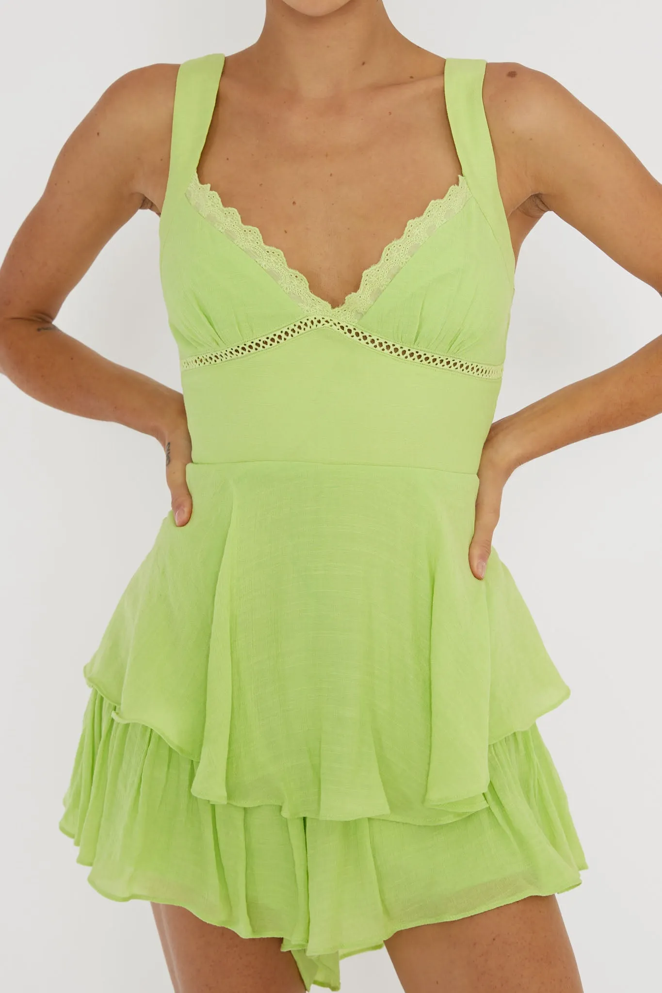 Hard To Catch Lace-Up Back Romper Green