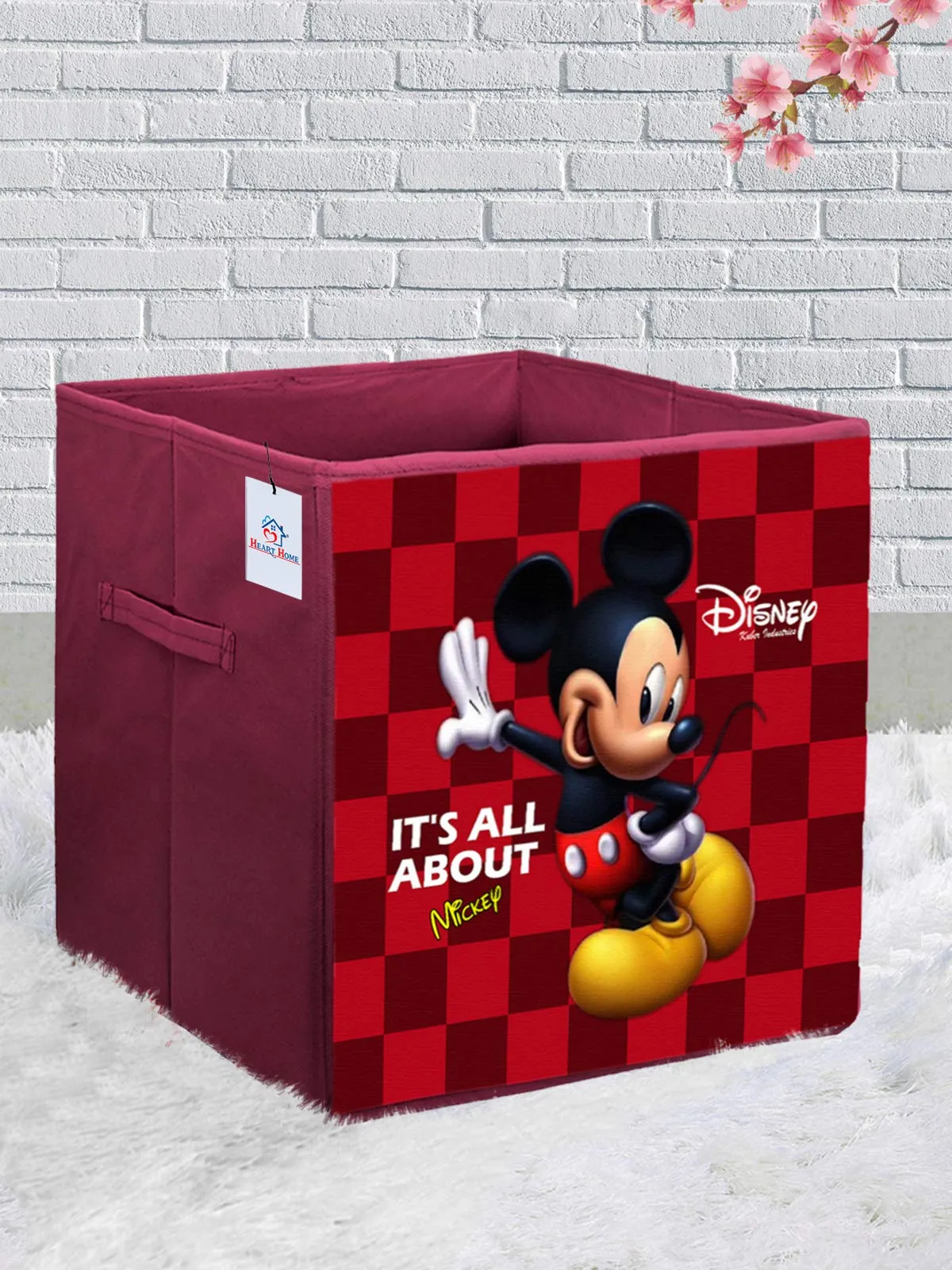 Heart Home Disney Mickey Mouse Print Non Woven Fabric Foldable Large Size Storage Cube Toy, Books, Shoes Storage Box with Handle (Maroon)-HEART10780