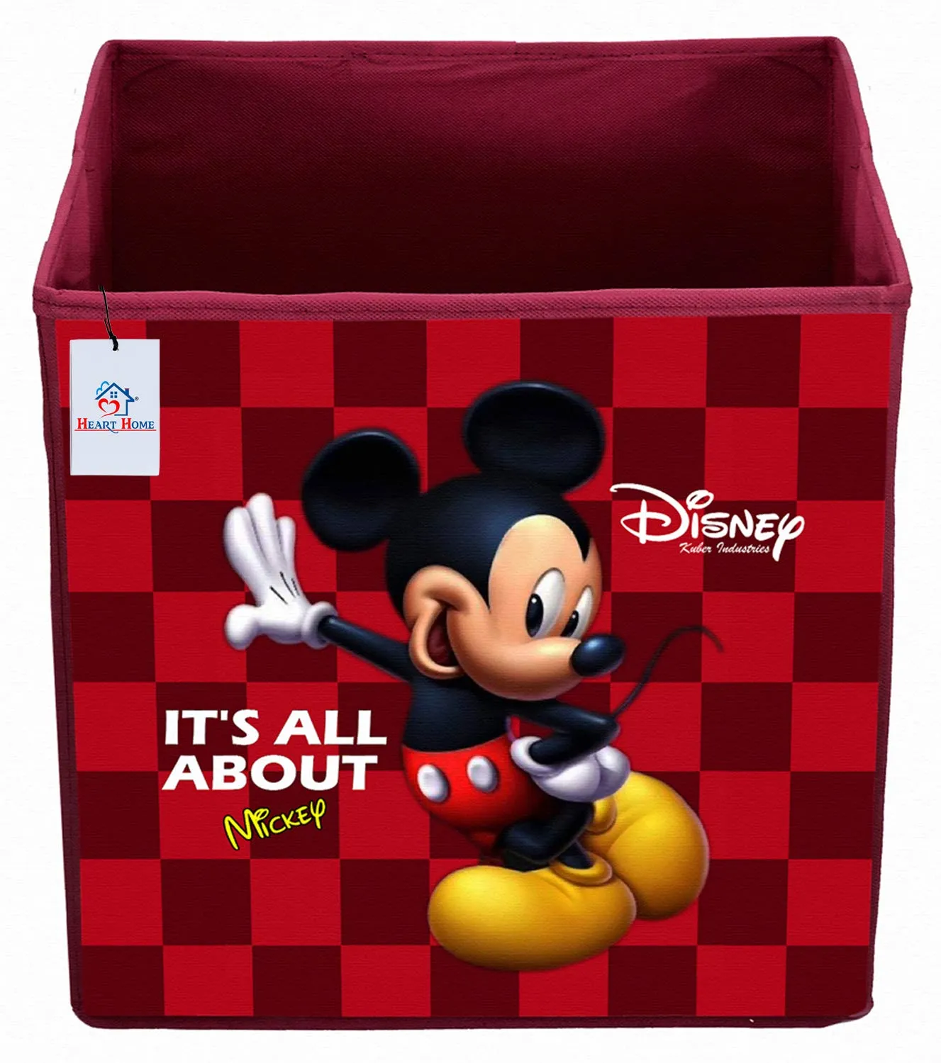 Heart Home Disney Mickey Mouse Print Non Woven Fabric Foldable Large Size Storage Cube Toy, Books, Shoes Storage Box with Handle (Maroon)-HEART10780