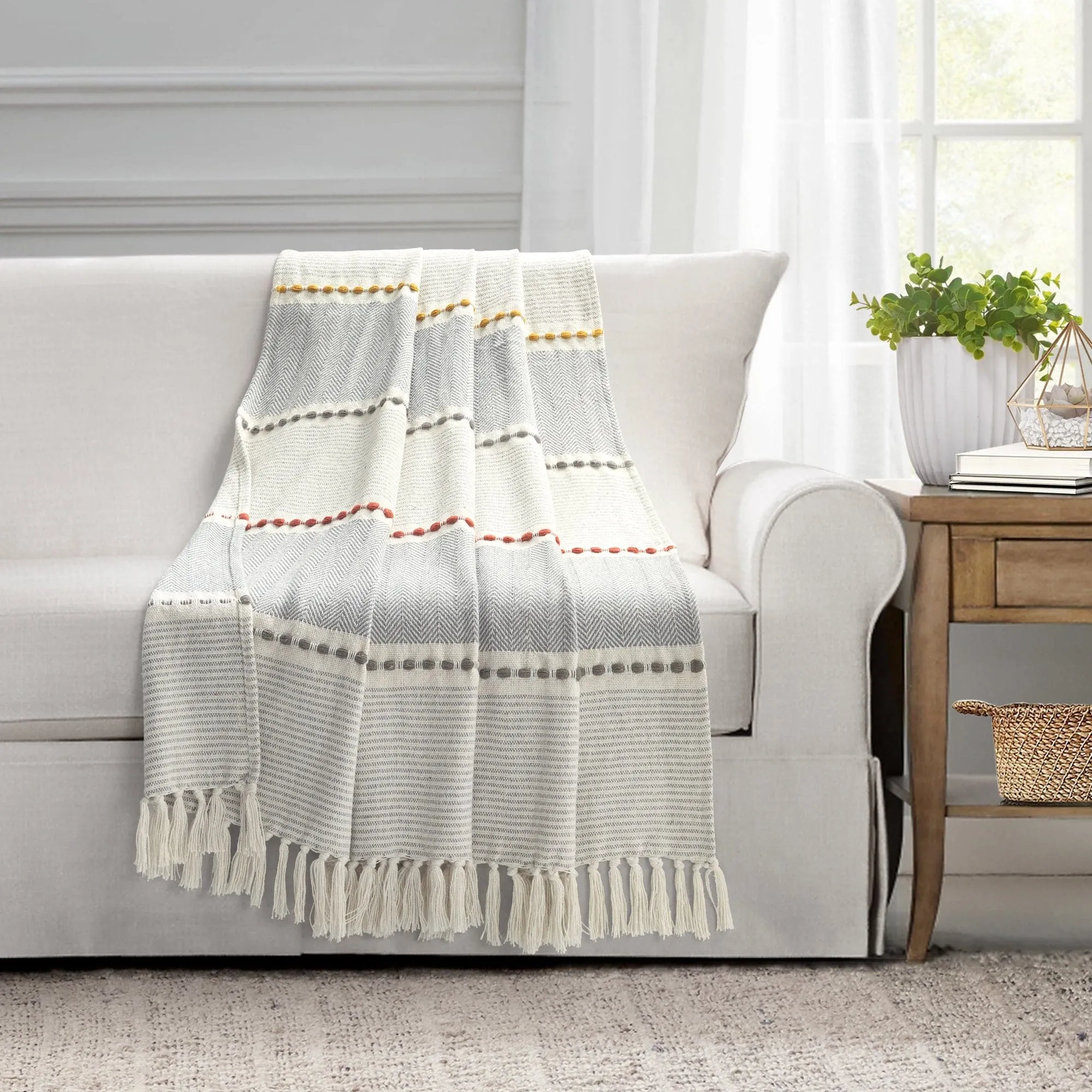 Herringbone Stripe Yarn Dyed Cotton Woven Tassel Throw