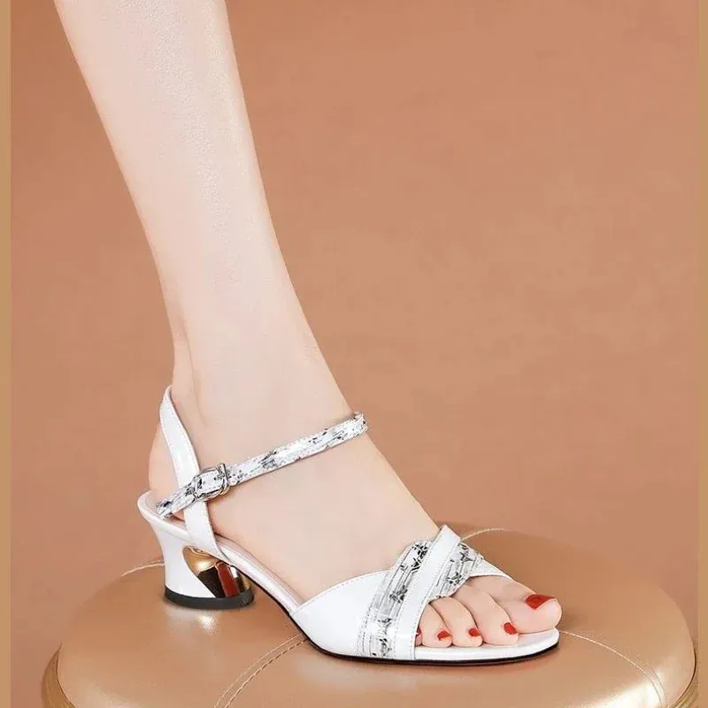 Hnzxzm Peep Toe Sandals New High Heels Sandals Dress Shoes Woman Leather Strap Buckle Square Heel Women Shoes