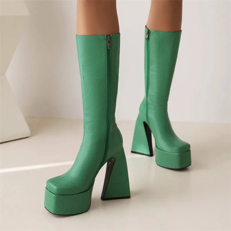 Hope Green Platform Boots Knee High