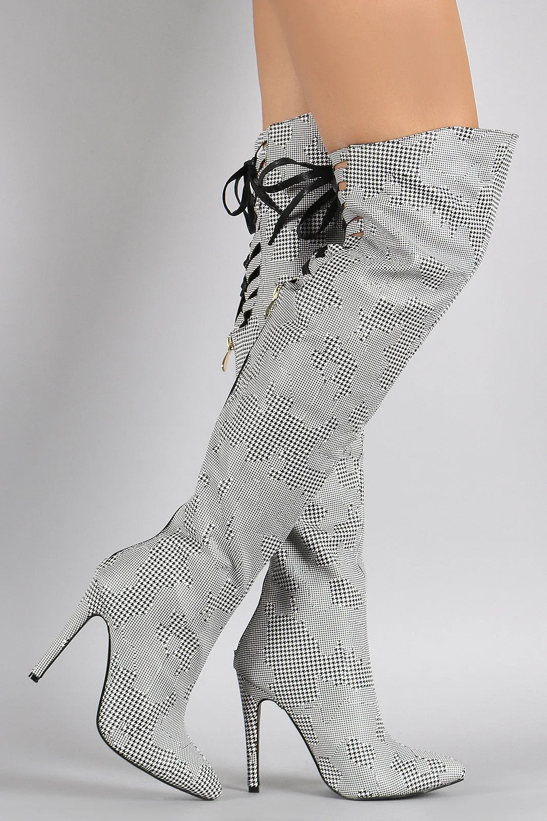 Houndstooth Back Lace Up Pointy Toe Stiletto Over-The-Knee Boots