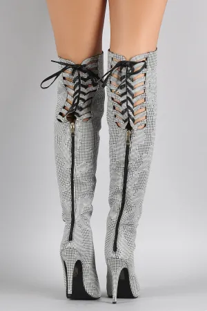 Houndstooth Back Lace Up Pointy Toe Stiletto Over-The-Knee Boots