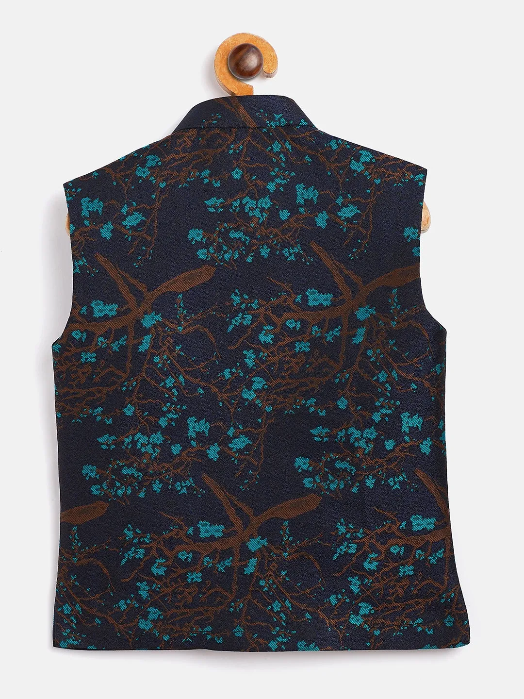 Jashvi Boys' Turquoise And Black Jacquard Nehru Jacket