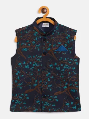 Jashvi Boys' Turquoise And Black Jacquard Nehru Jacket