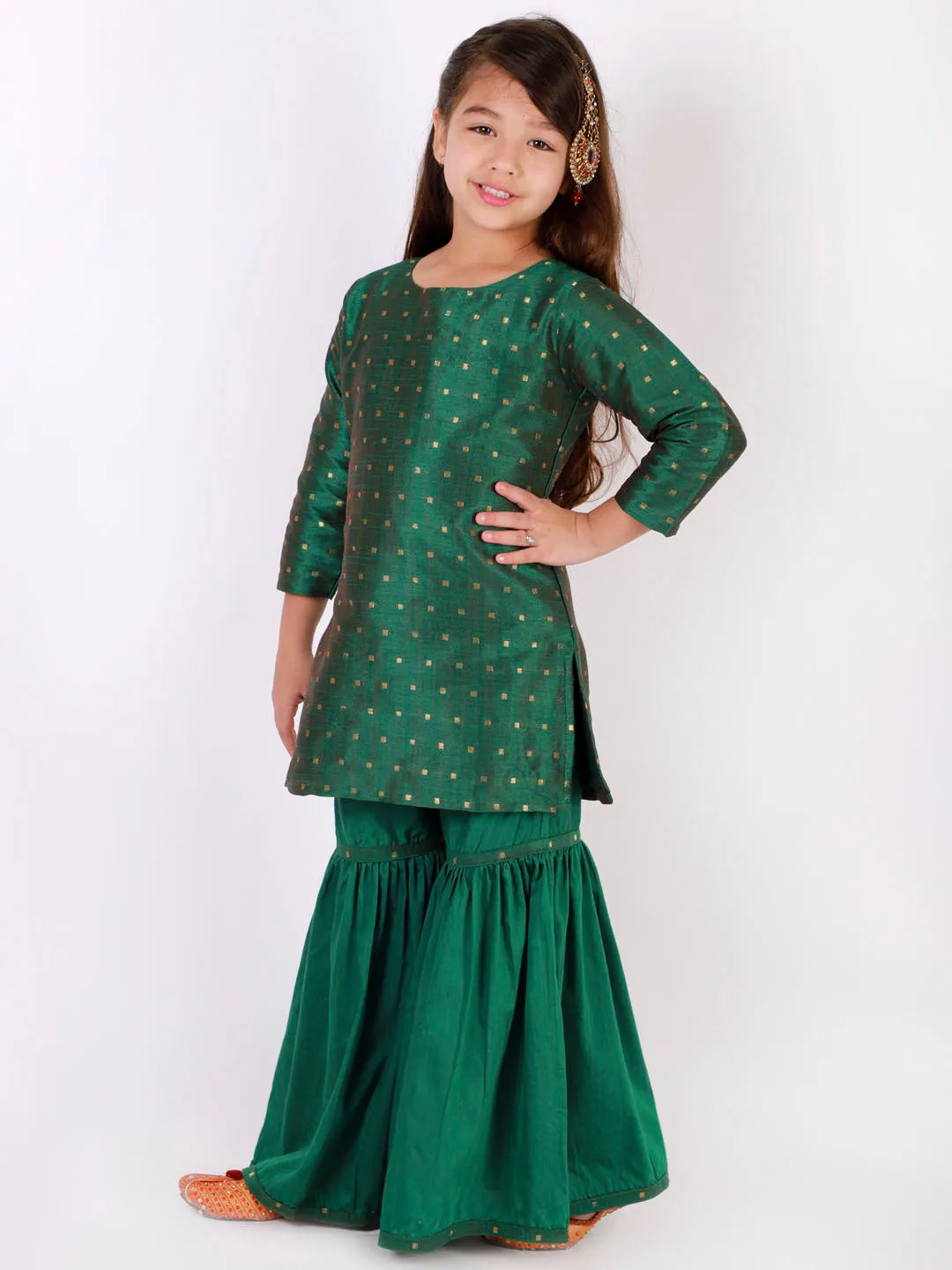 Jashvi Girls' Green Zari Kurta And Sharara Set