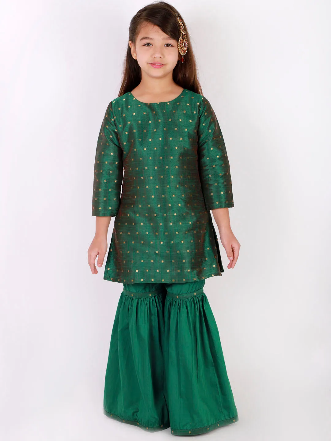 Jashvi Girls' Green Zari Kurta And Sharara Set