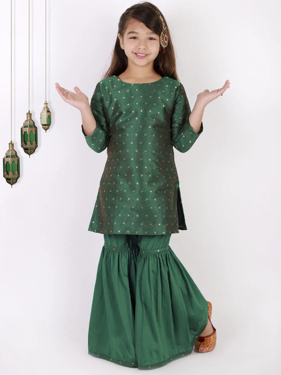 Jashvi Girls' Green Zari Kurta And Sharara Set