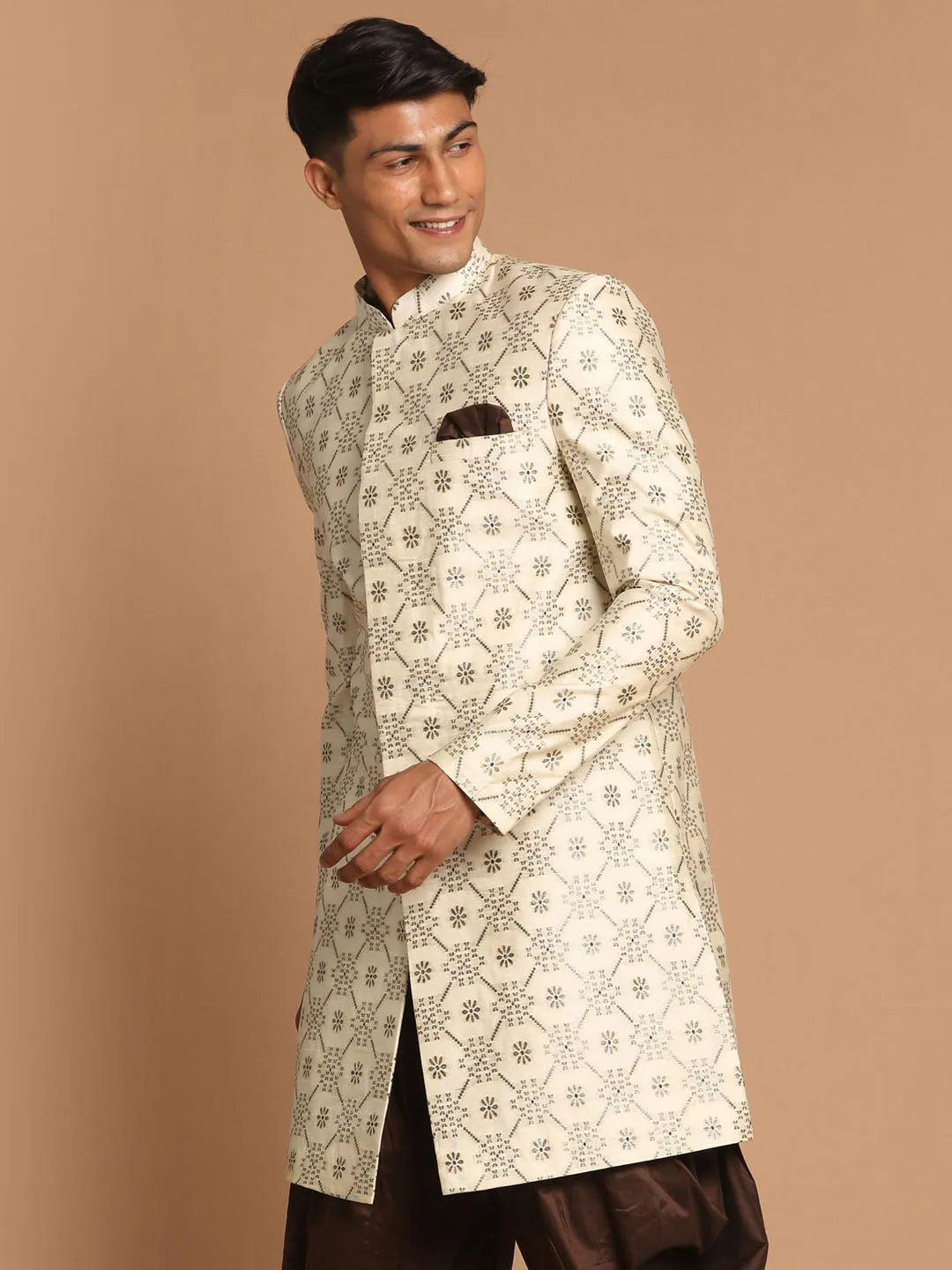 Jashvi Men's Beige Color Silk Blend Sherwani Top