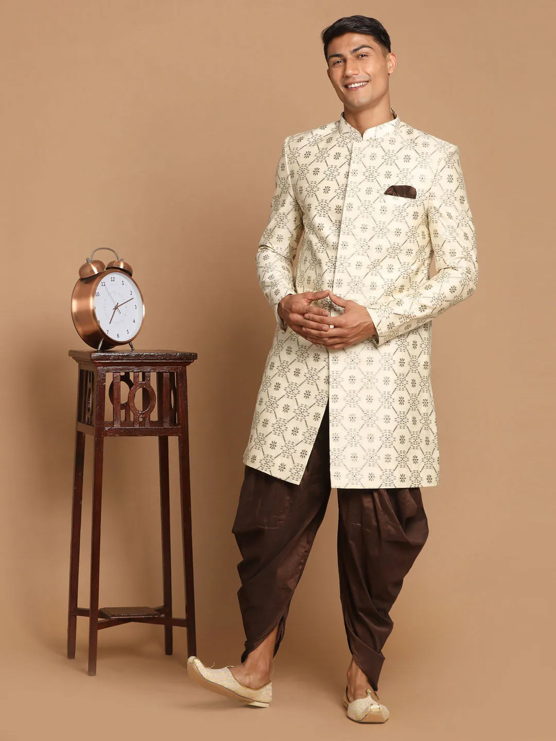 Jashvi Men's Beige Color Silk Blend Sherwani Top