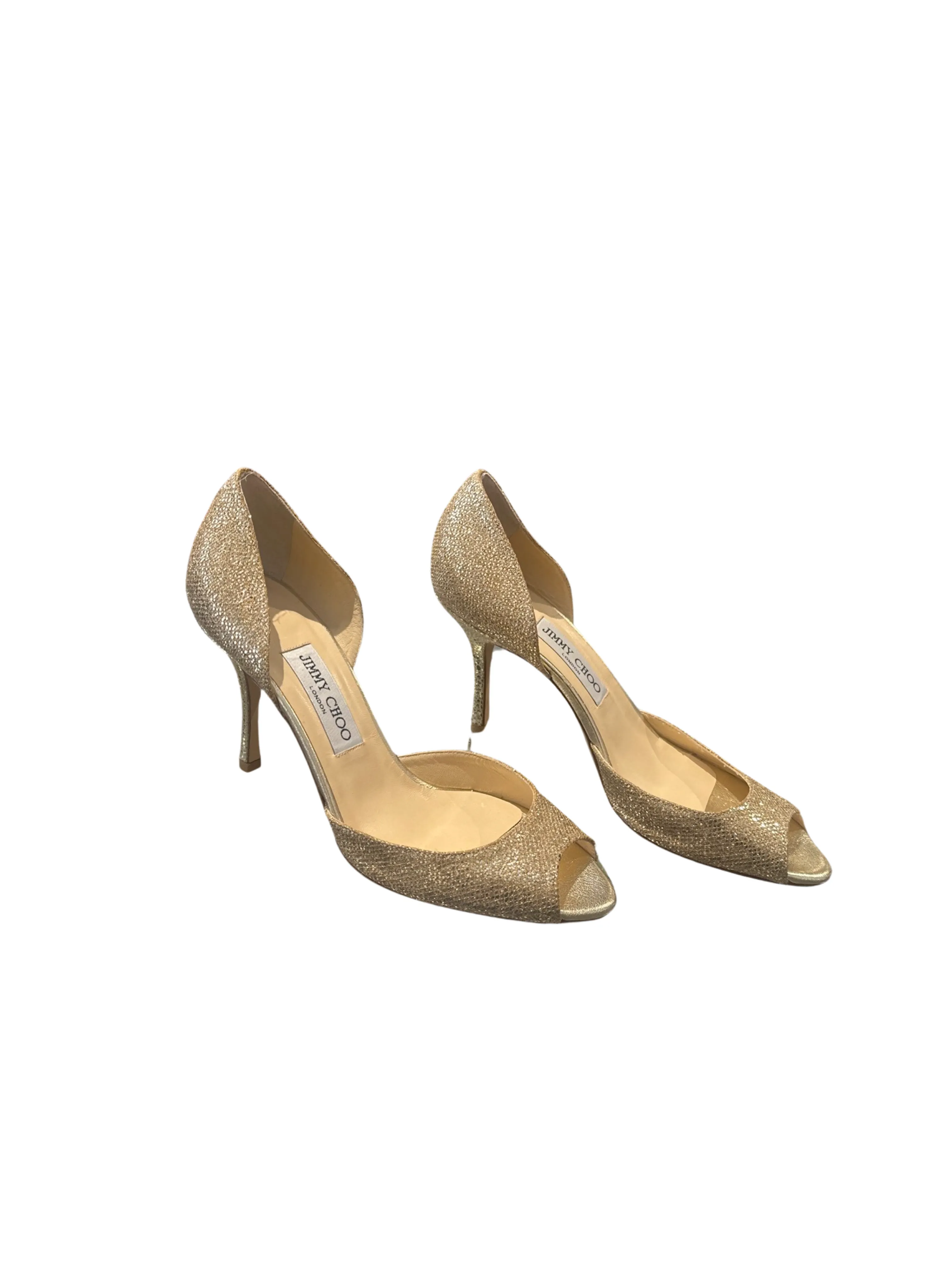 Jimmy Choo Metallic Glitter Gold Peep Toe D'orsay Heels 39 1/2