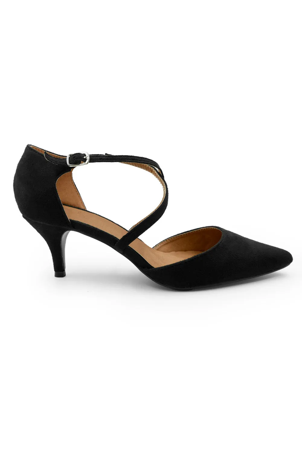 KENNEDI LOW KITTEN HEEL WITH CROSSOVER STRAP IN BLACK SUEDE