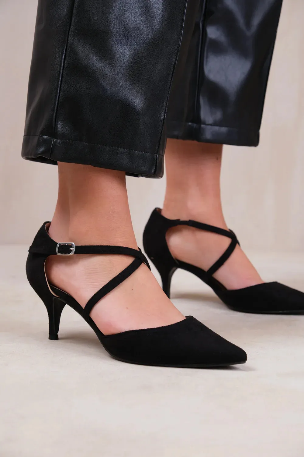 KENNEDI WIDE FIT LOW KITTEN HEEL WITH CROSSOVER STRAP IN BLACK SUEDE