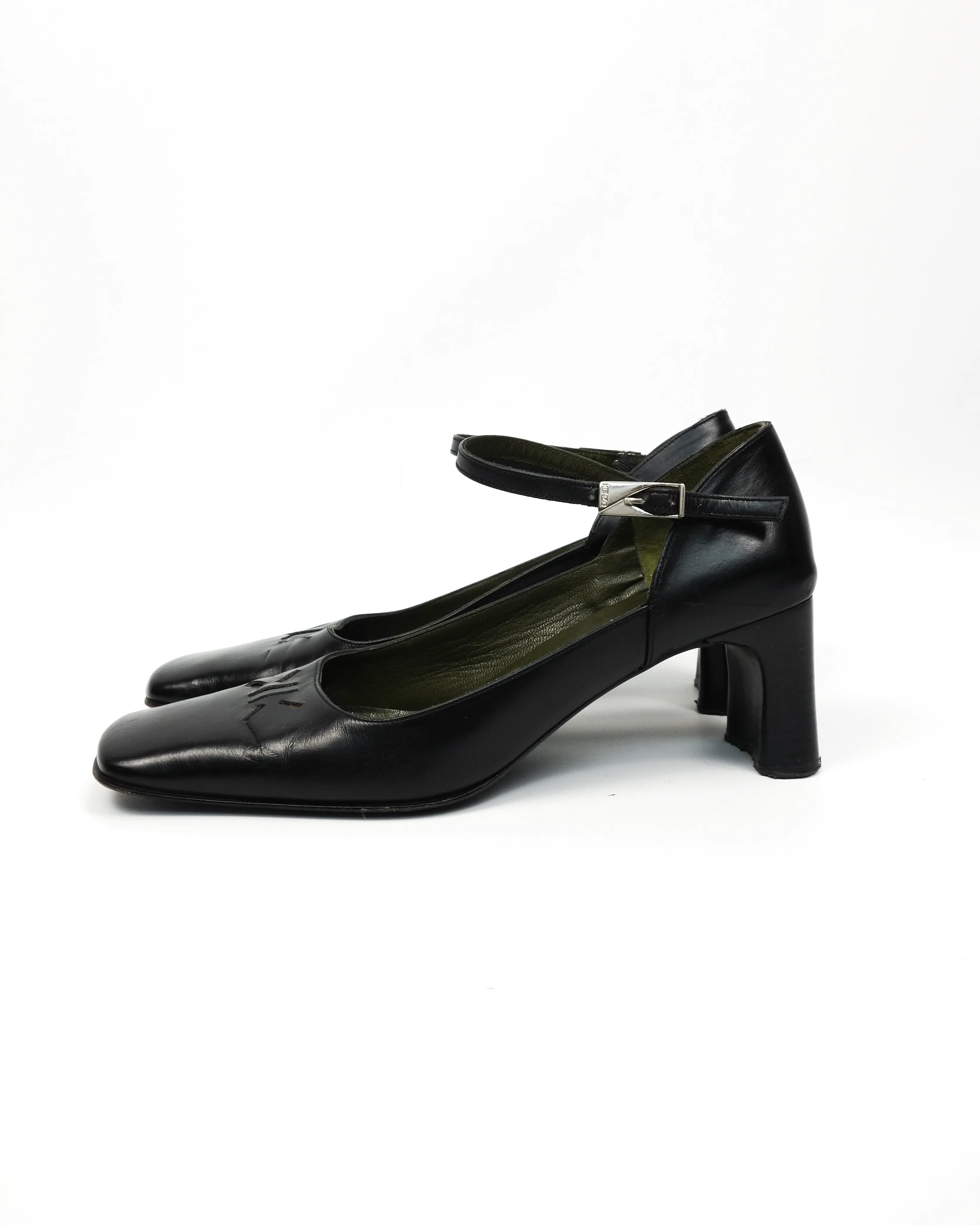 Kenzo 2-Layer Logo Squared Toe Black Leather Heels 2000's