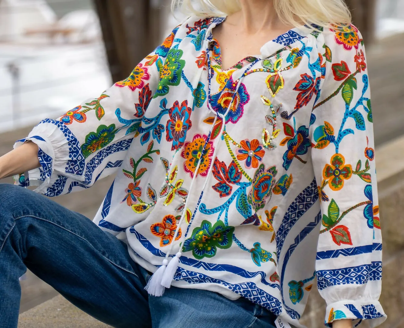 KikiSol Artisan White Embroidered Floral Short Tassel Top