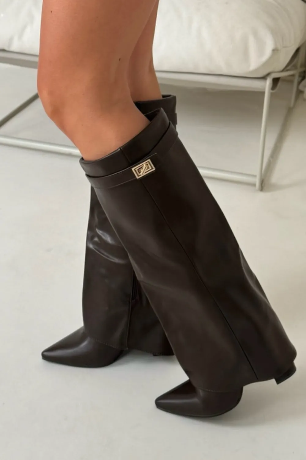 Kimmy chocolate knee high fold over heel boots