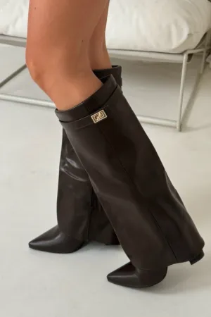 Kimmy chocolate knee high fold over heel boots