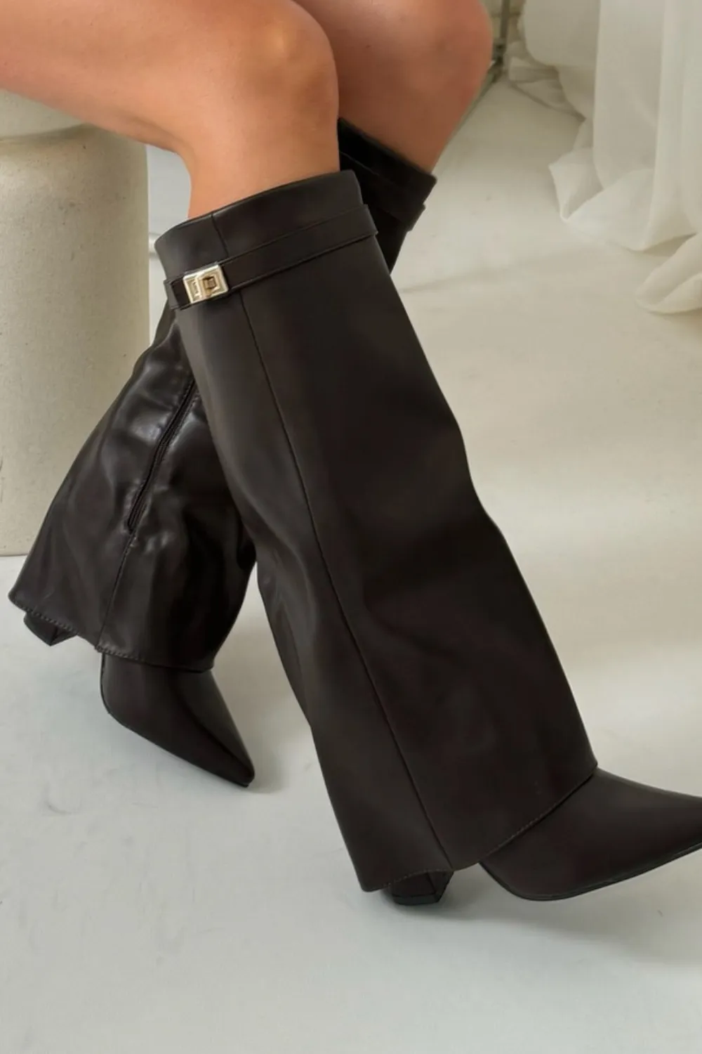 Kimmy chocolate knee high fold over heel boots