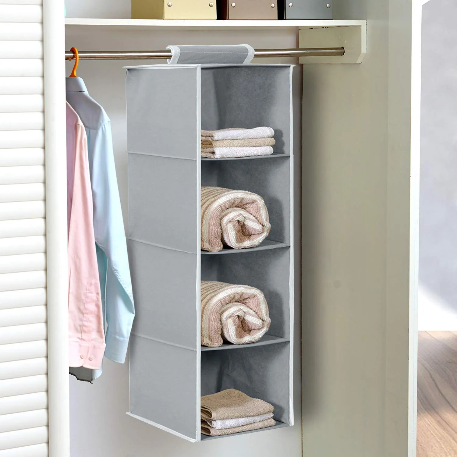 Kuber Industries 4 Shelf Closet/Wardrobe Hanging Organizer|Shoes Storage Cupboard|Non Woven Fabric Foldable With Universal Fit|Size 31 x 25 x 80, Pack of 1 (Grey)