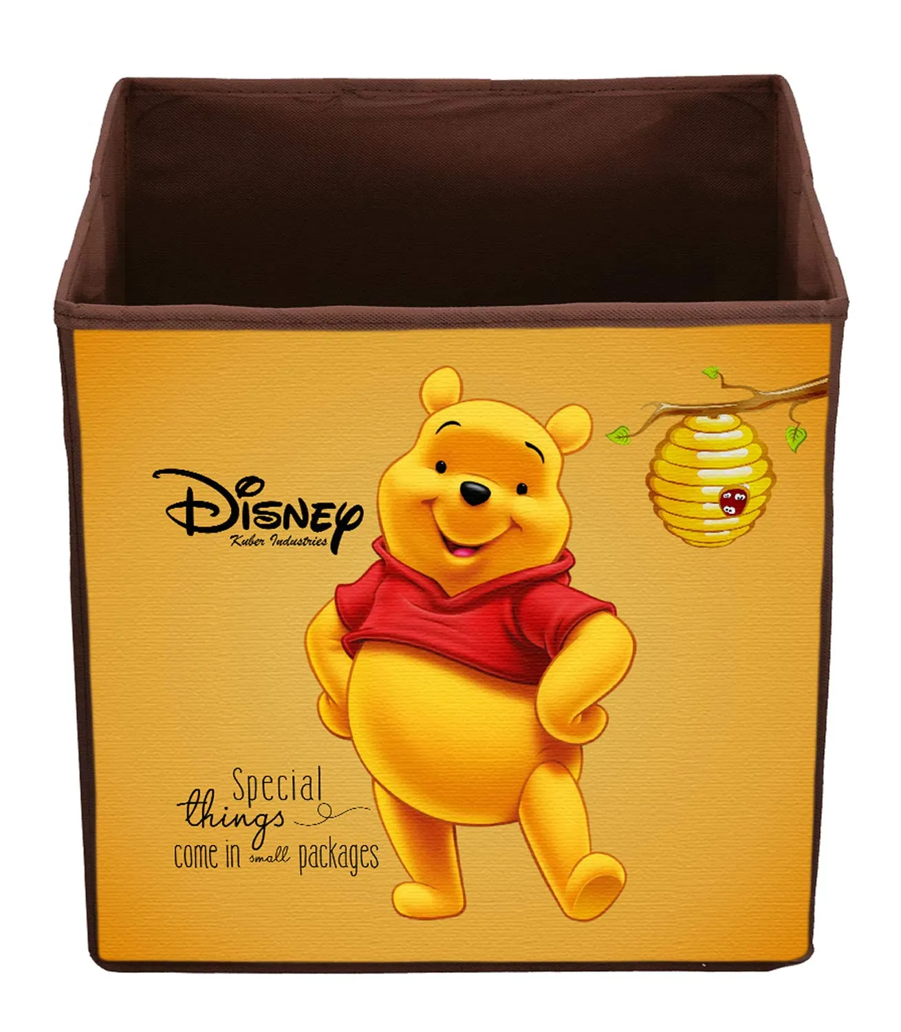 Kuber Industries Disney Winnie-The-Pooh Print Non Woven Fabric Square Foldable Wardrobe Organizer Cube Cloth Cover Storage Box with Handle (Large Size, Brown)