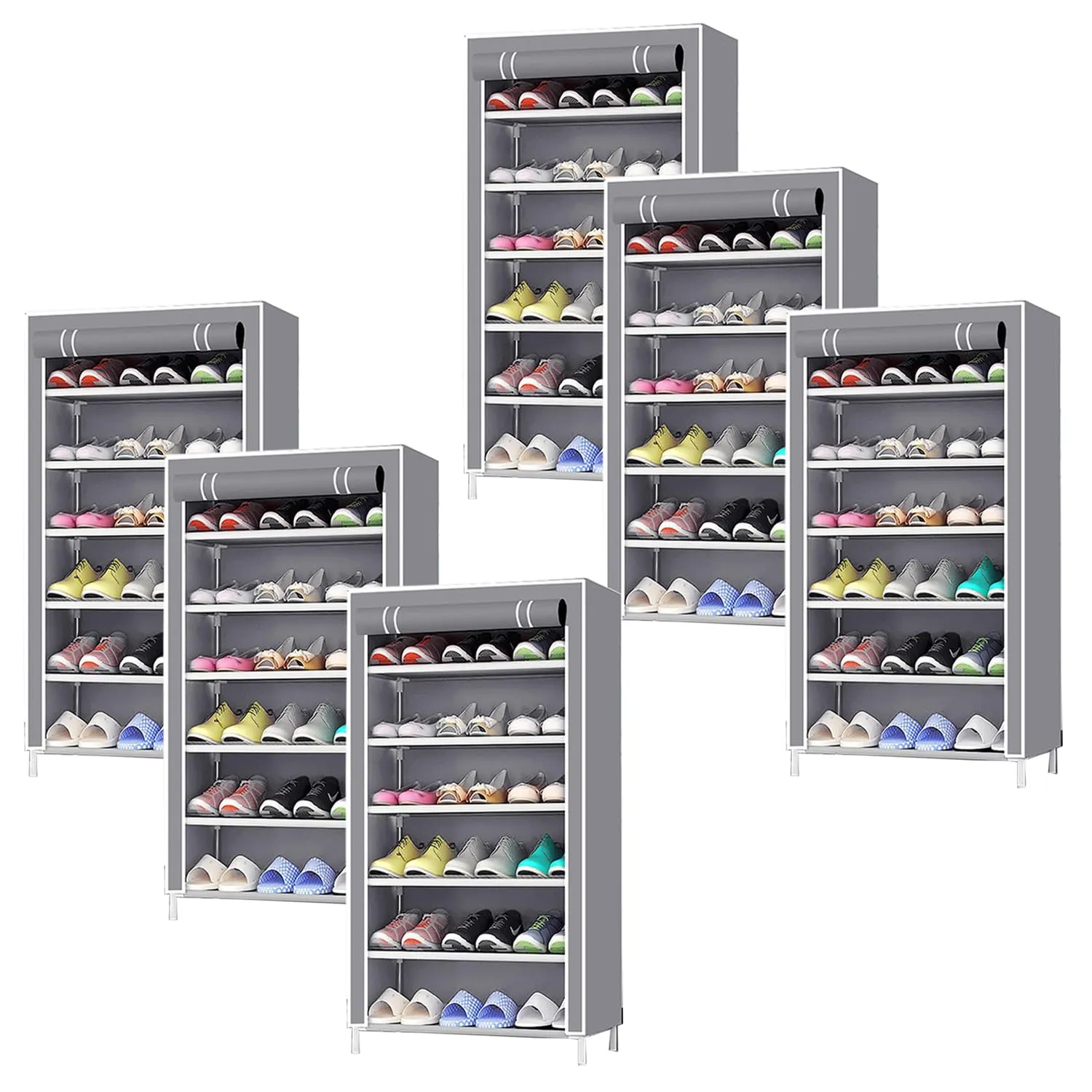 Kuber Industries Shoe Rack|Non-Woven 6 Shelves Shelf|Foldable Storage Rack Organizer for Shoe, Books-Pack of 6 (Grey)