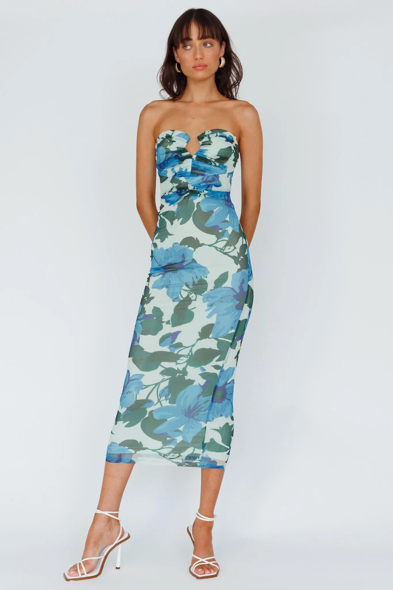 Lahita Strapless Midi Dress Floral Blue