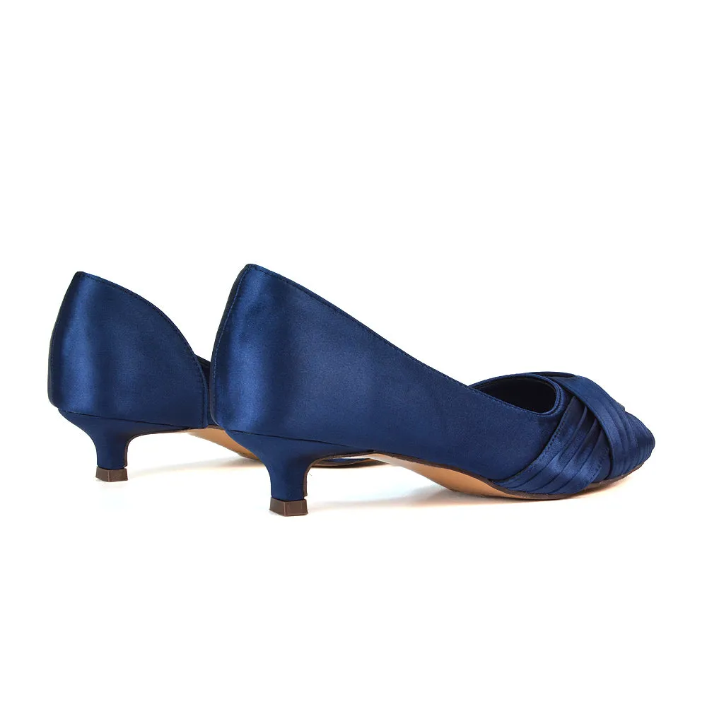 Lake Kitten Heel Pointed Toe Slip on Bridal Shoes in Navy Satin