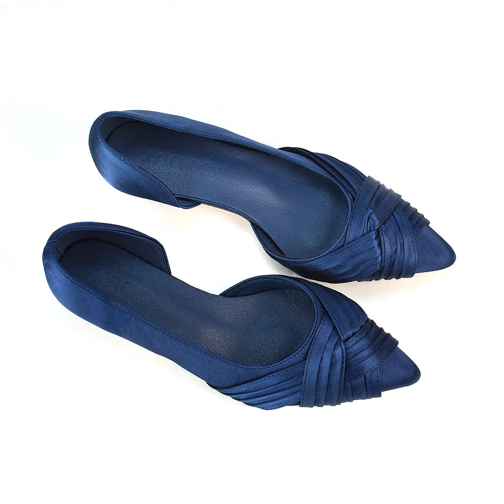 Lake Kitten Heel Pointed Toe Slip on Bridal Shoes in Navy Satin