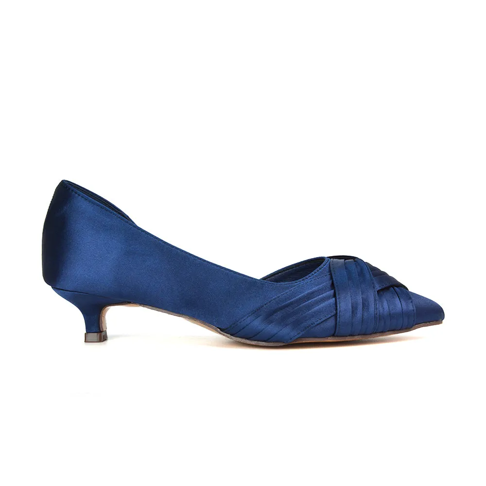 Lake Kitten Heel Pointed Toe Slip on Bridal Shoes in Navy Satin