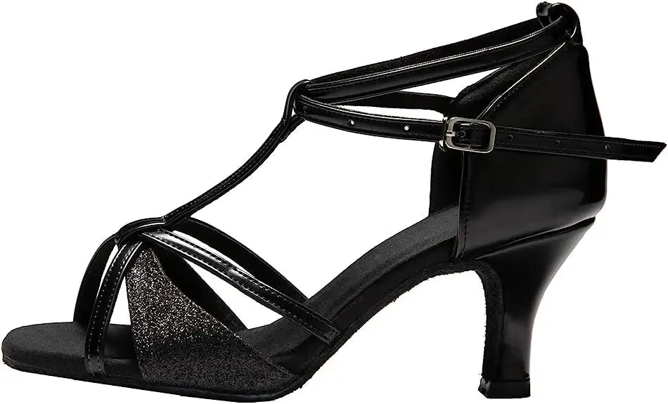 Latin Ballroom T-strap Dance Salsa shoes with Glitter Satin