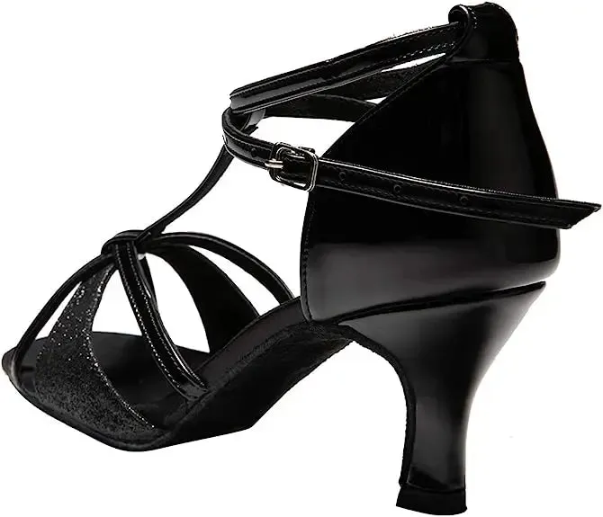 Latin Ballroom T-strap Dance Salsa shoes with Glitter Satin