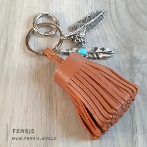 Leather Tassel Key Chain Tan Silver & Turquoise Feather Southwest