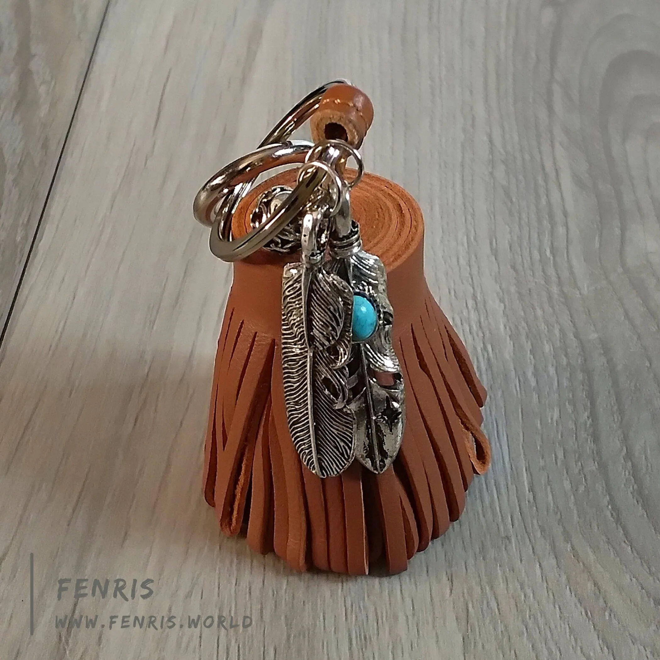 Leather Tassel Key Chain Tan Silver & Turquoise Feather Southwest