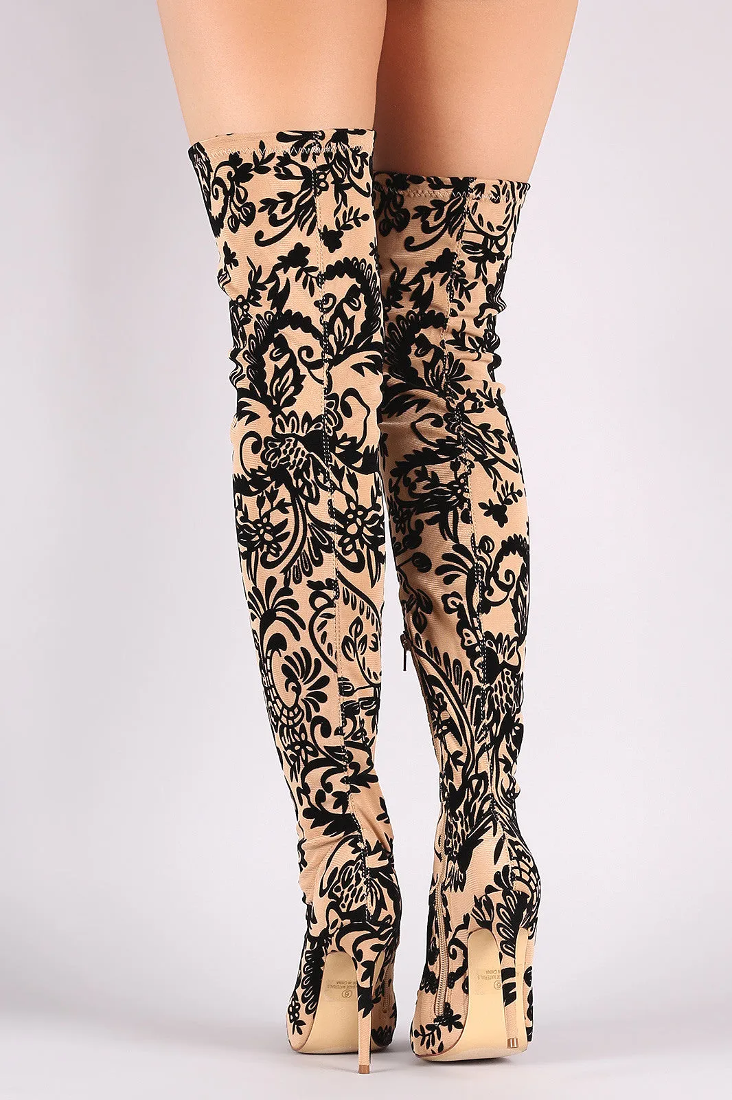 Liliana Fleur De Lis Burnout Velvet Stiletto Over-The-Knee Boots