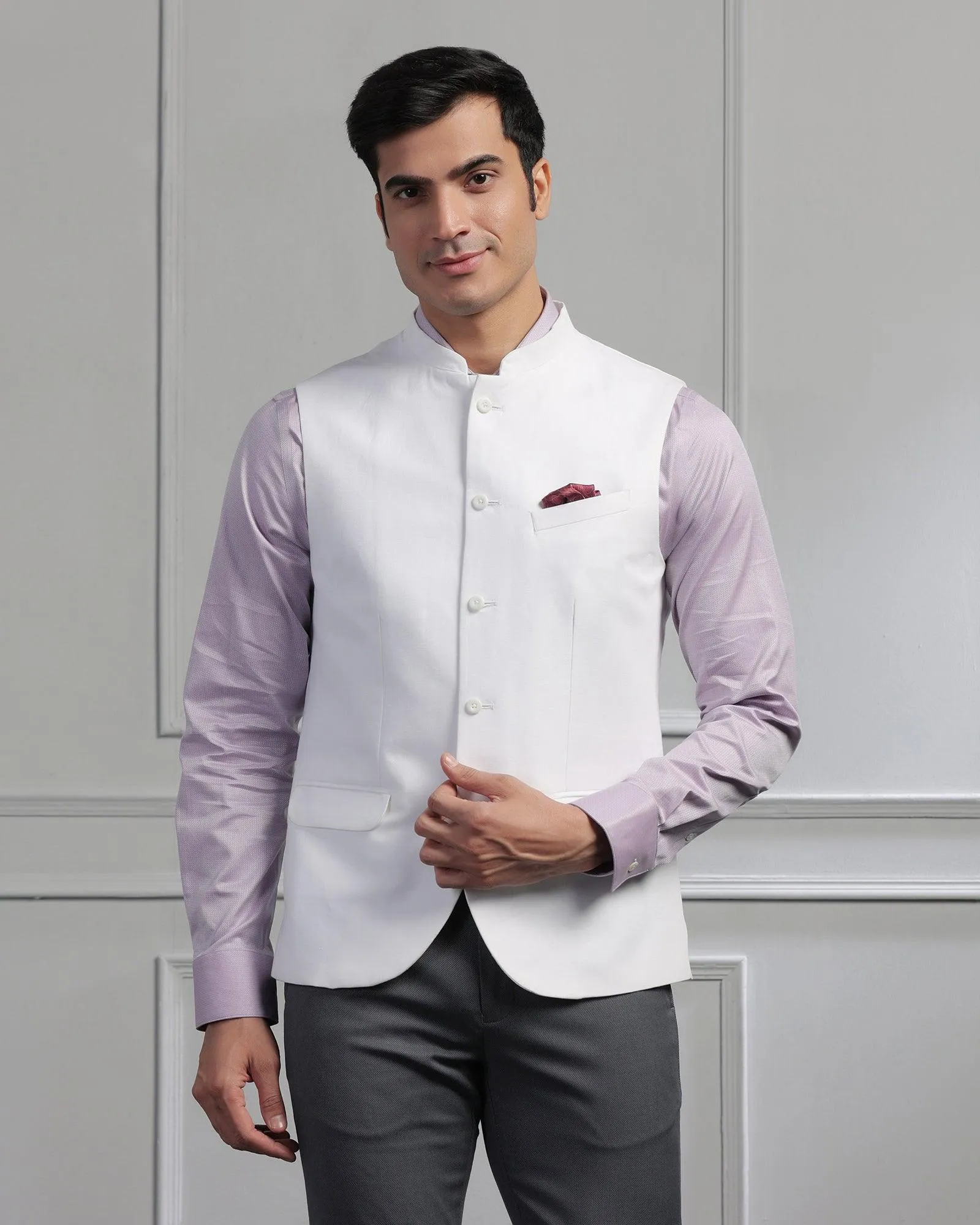 Linen Bandhgala Formal White Solid Waistcoat - Swift